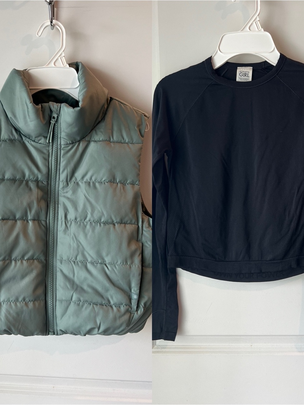 Athleta Girl Black Long-Sleeve Top & Sage Green Puffer Vest Set